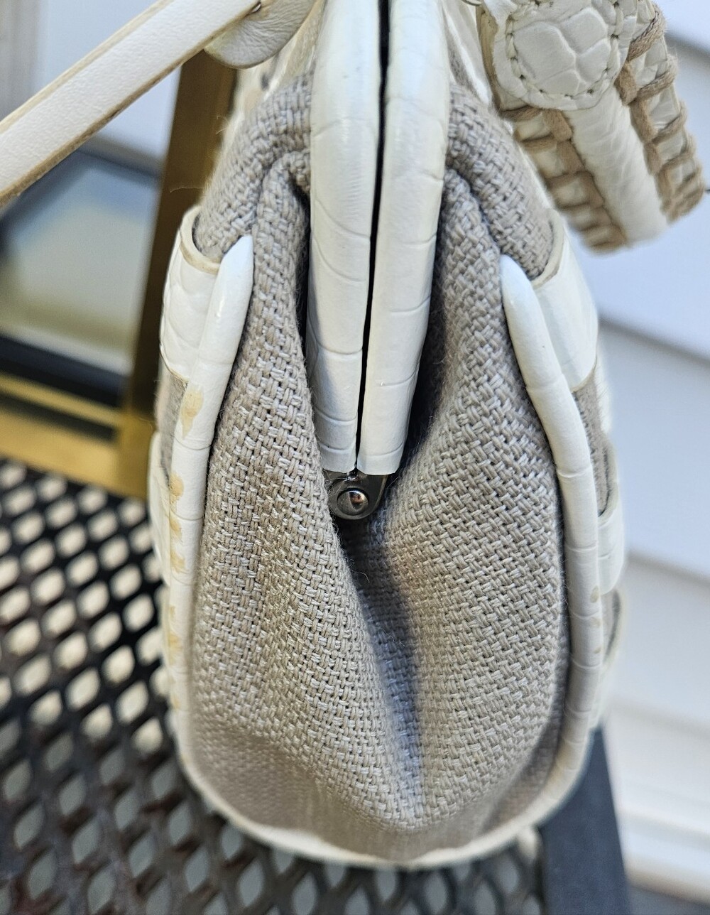 Brighton Woven Leather & Linen Kiss Lock Satchel  Mini Bag Cream /White Vintage - Picture 5 of 13